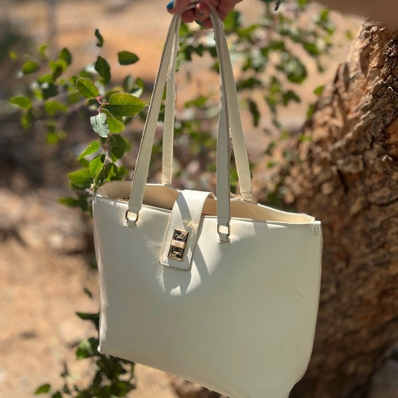 Anne Klein Handbags - ANNE KLEIN | Large Tote with Enamel Turn Lock Large White Gold